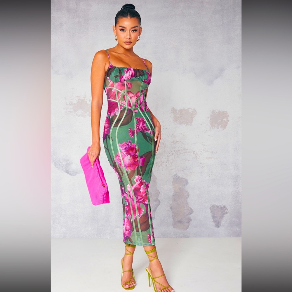Green floral print mesh midi dress